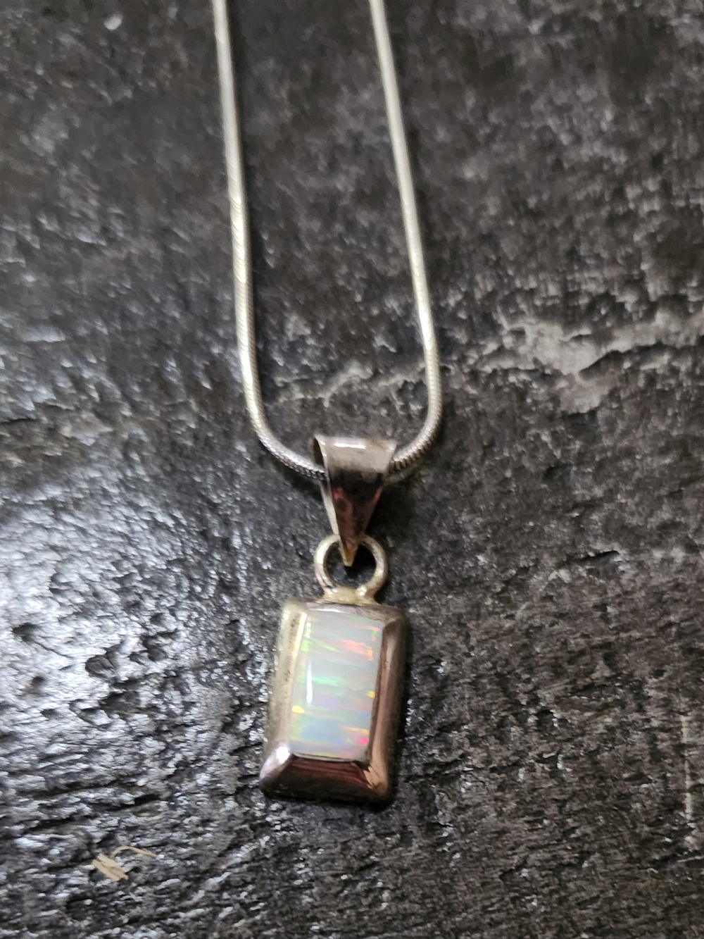 Mexico Stamped Signed Silver Snake Chain Necklace Rectangular Opal Pendant